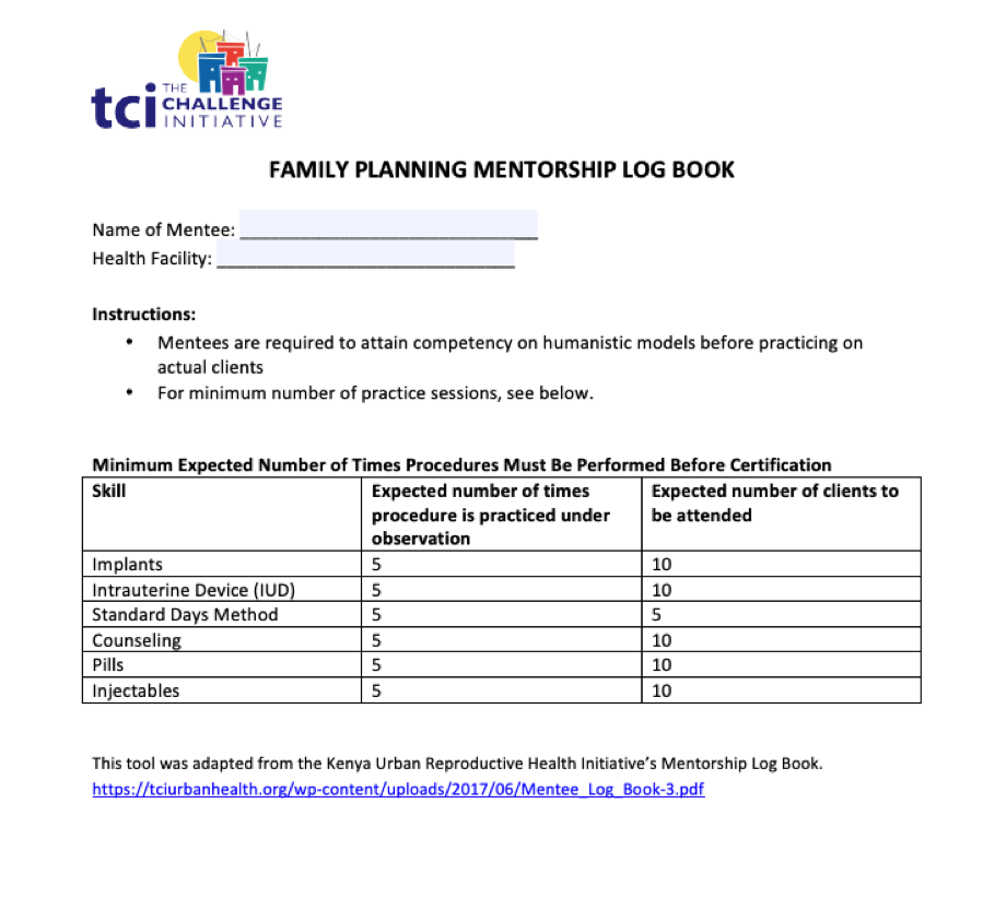 Family Planning Mentorship Log Book