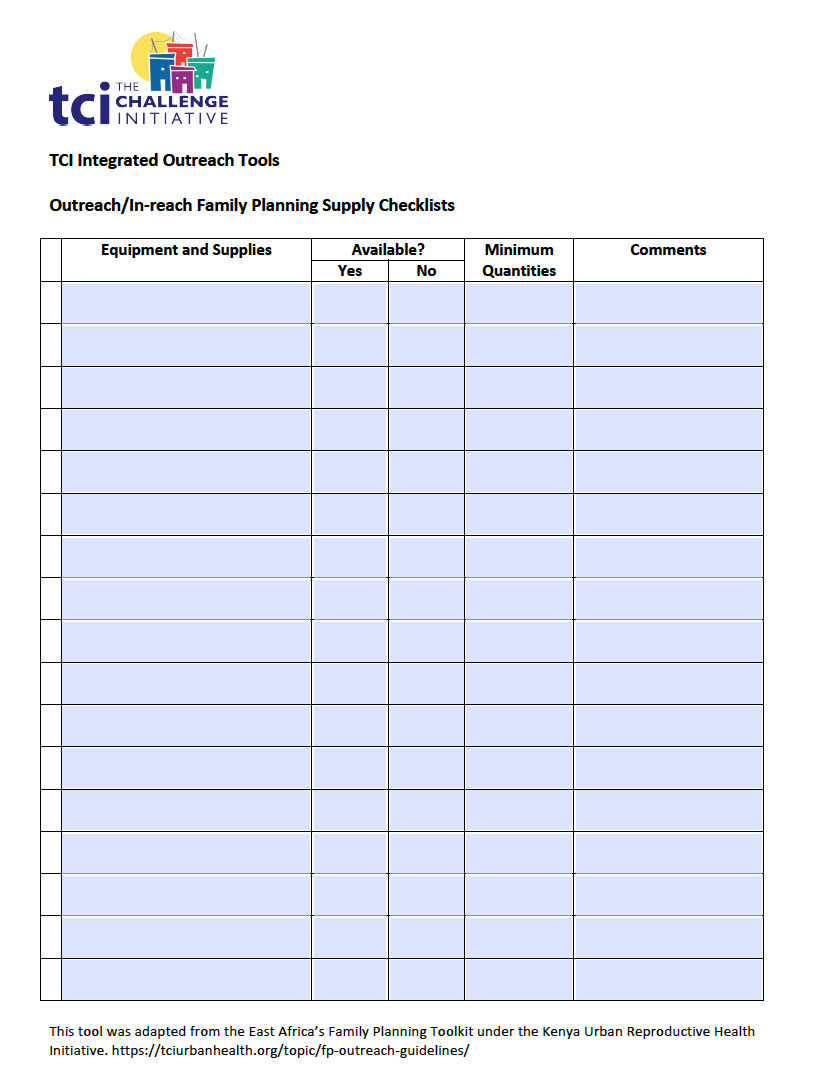 Integrated Family Planning Outreach Supply Checklist