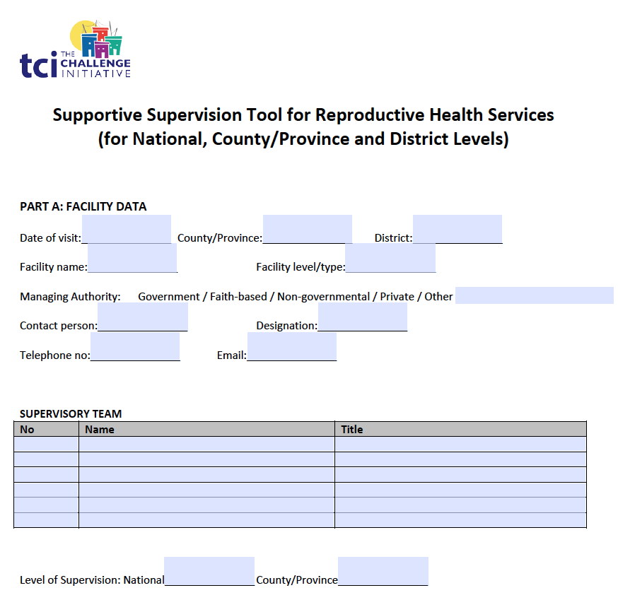 Supportive Supervision Tool for Reproductive Health Services