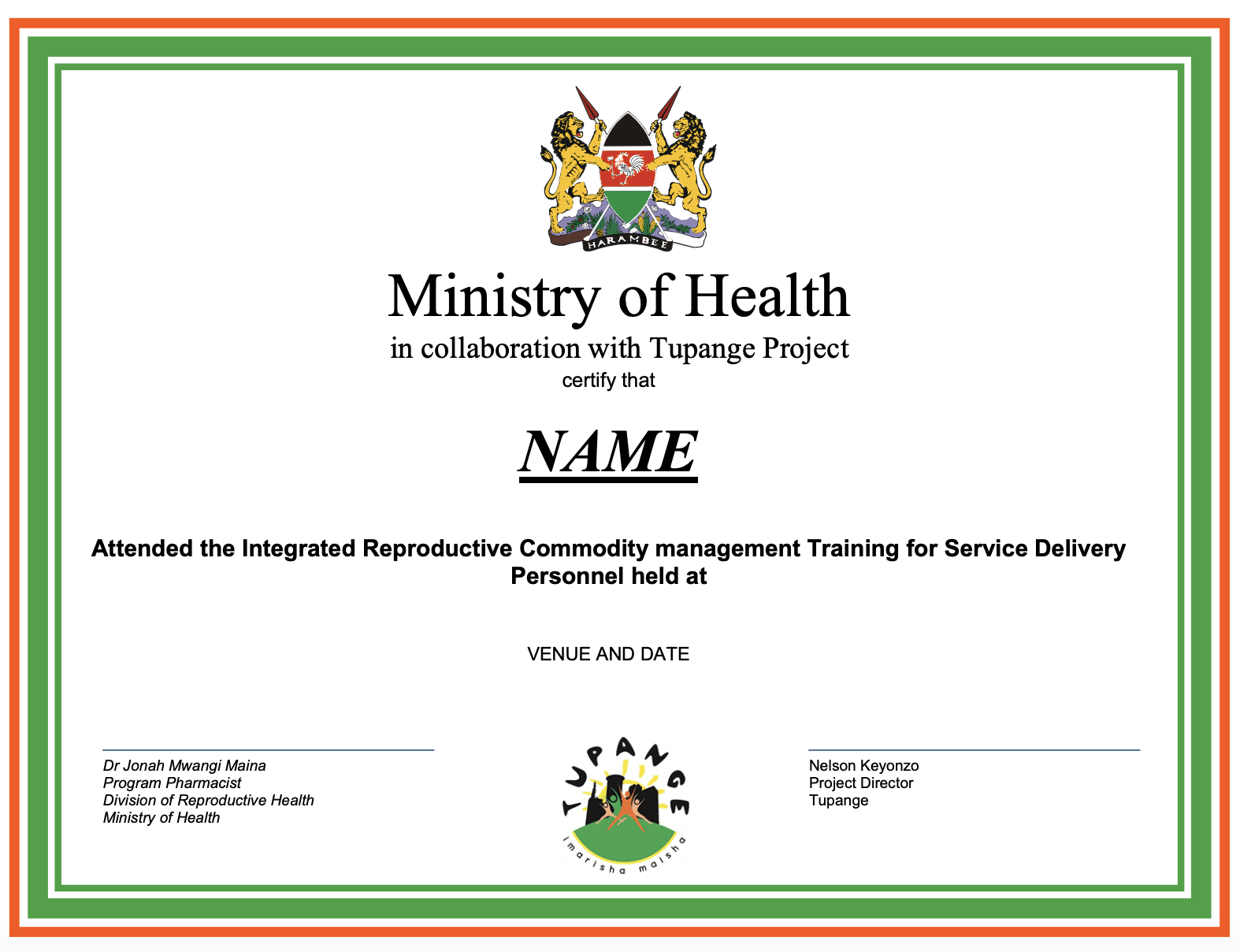Reproductive Health Commodity Management Certificate Template