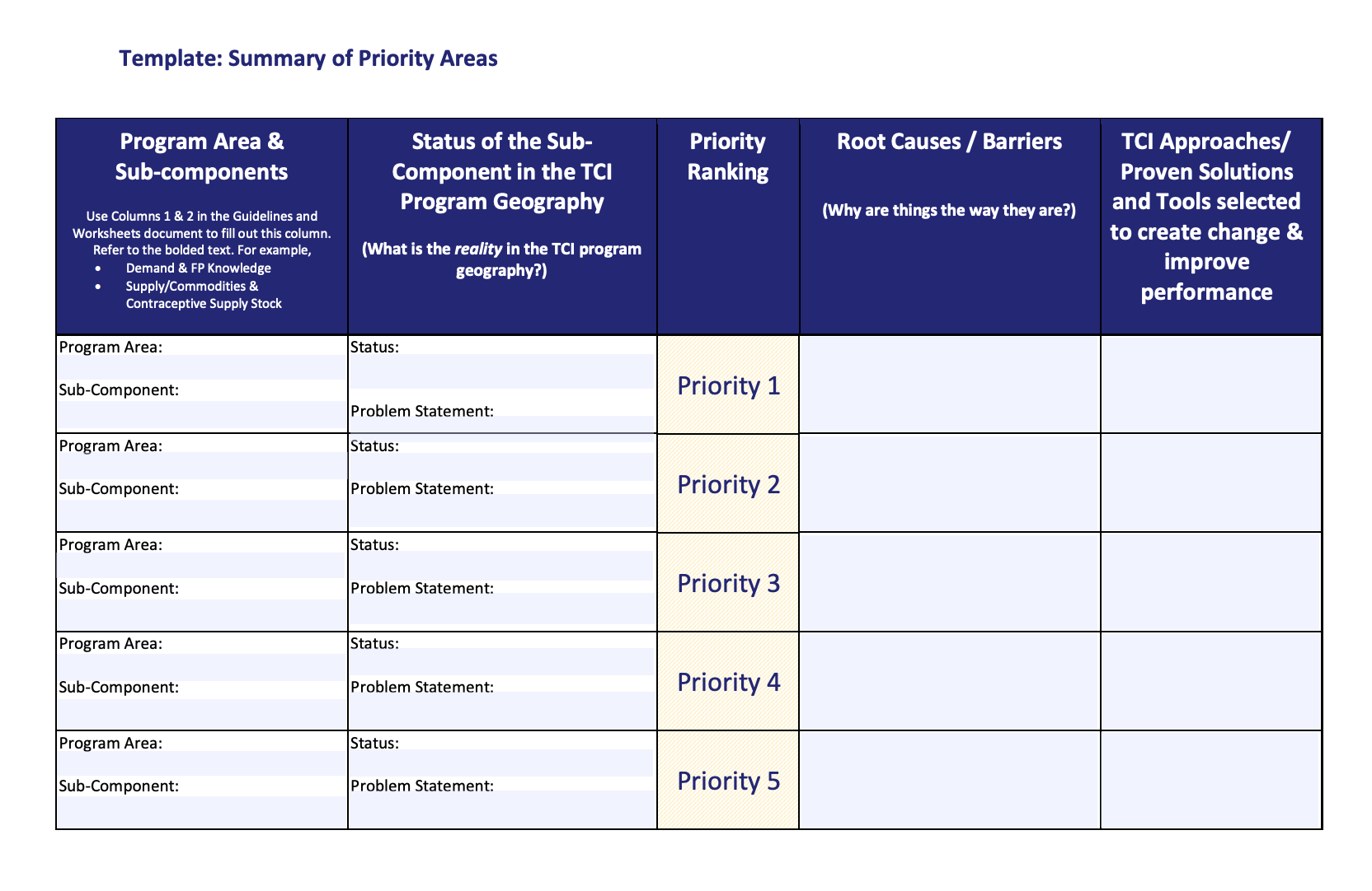 Summary of Priority Areas Template