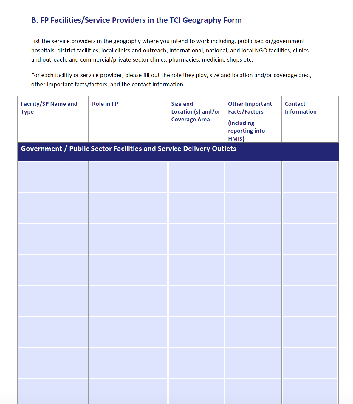 FP Facilities/Service Providers in the TCI Geography Form