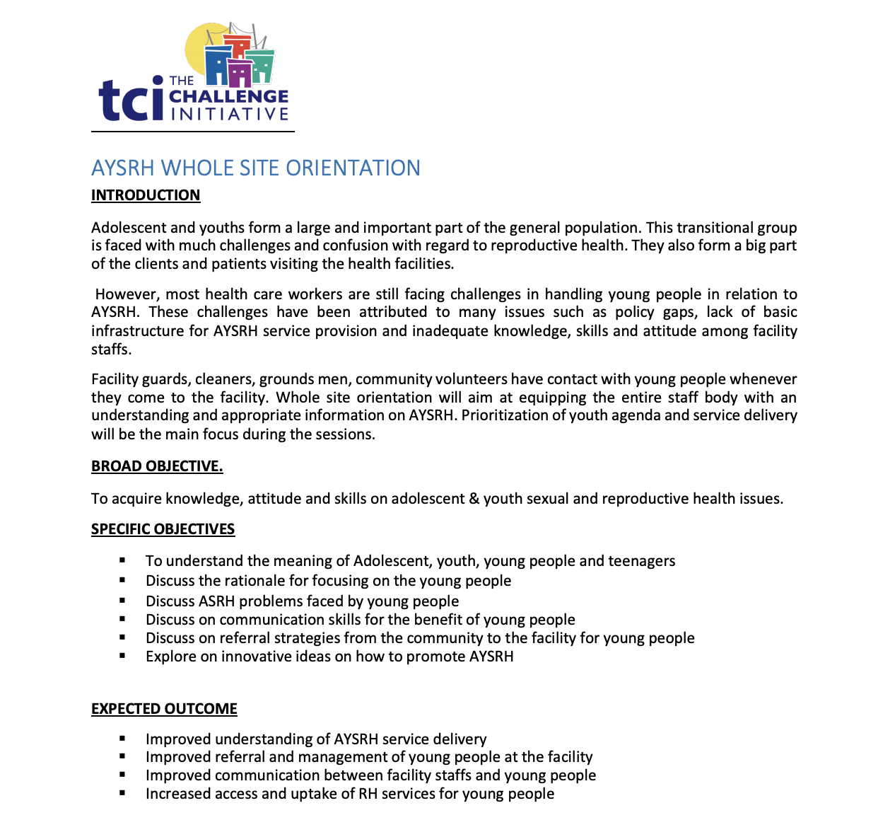 AYSRH Whole Site Orientation Agenda