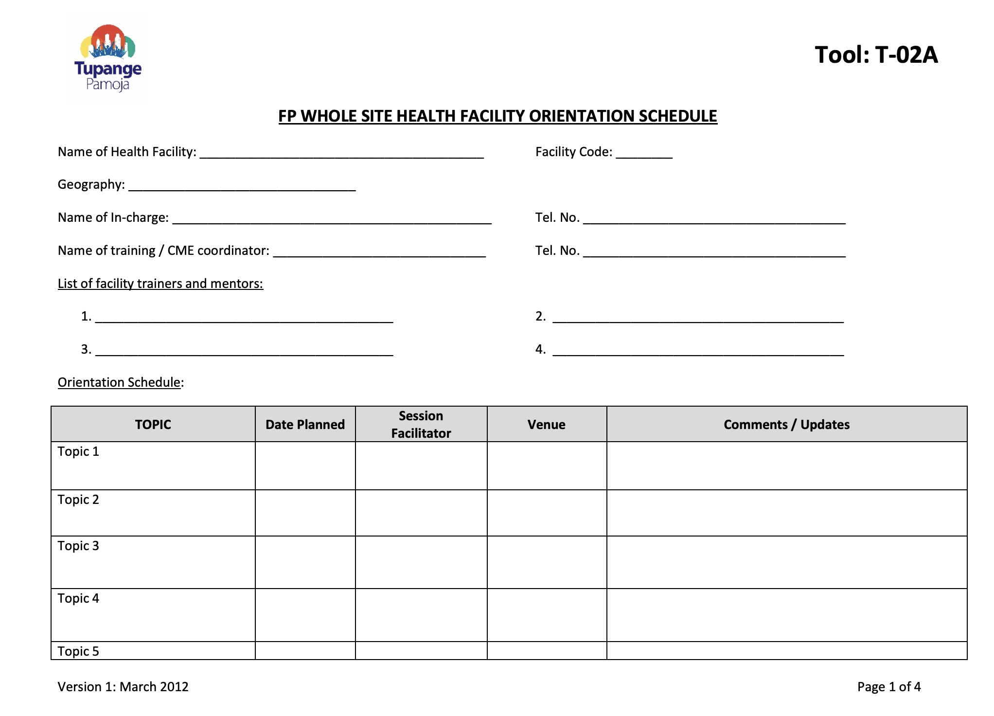 Family Planning Whole Site Health Facility Orientation Schedule