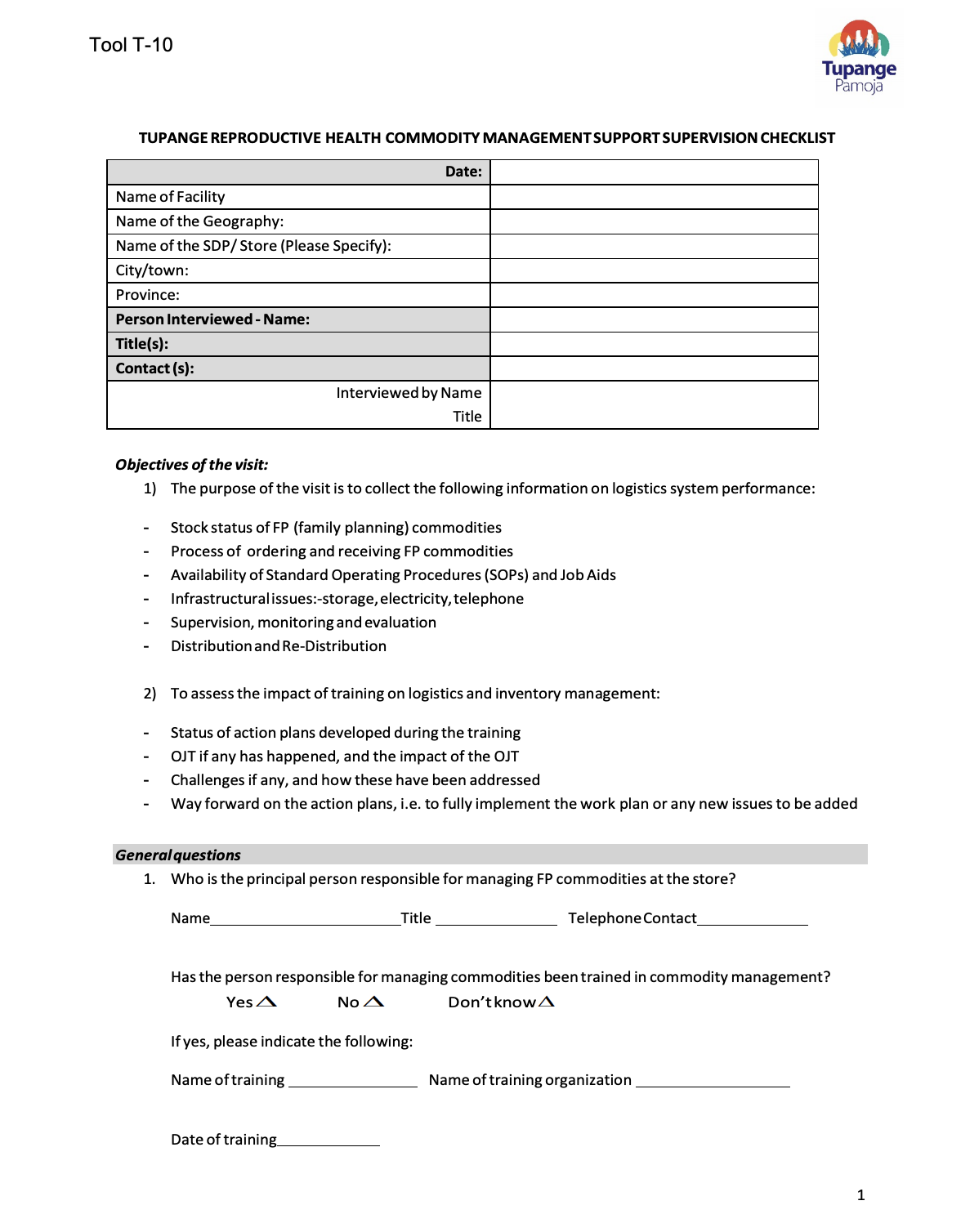 Reproductive Health Commodity Management Support Supervision Checklist