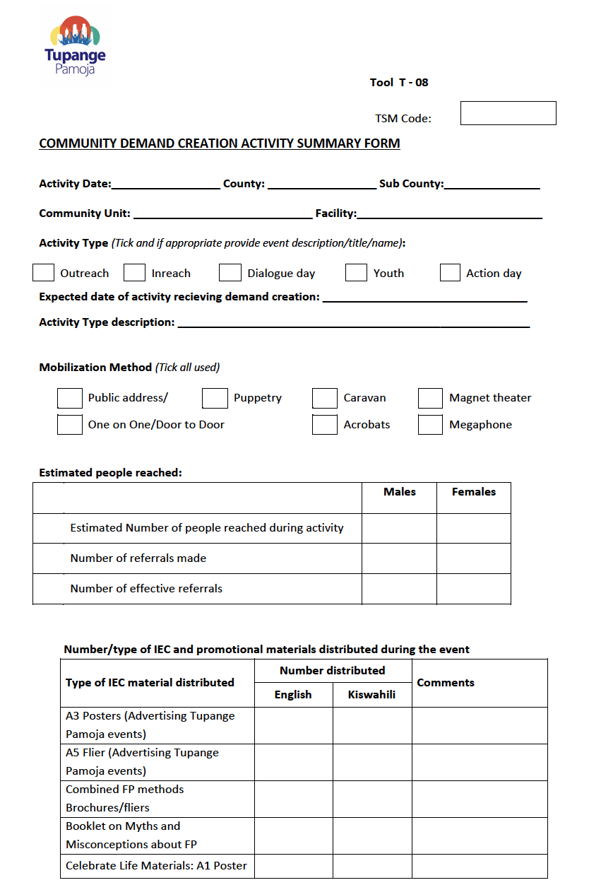 Community Demand Creation Activity Summary Form