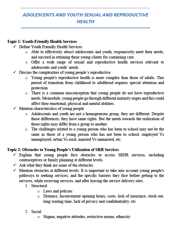 Santé sexuelle et génésique des adolescents et des jeunes Sujets d'orientation pour l'ensemble du site