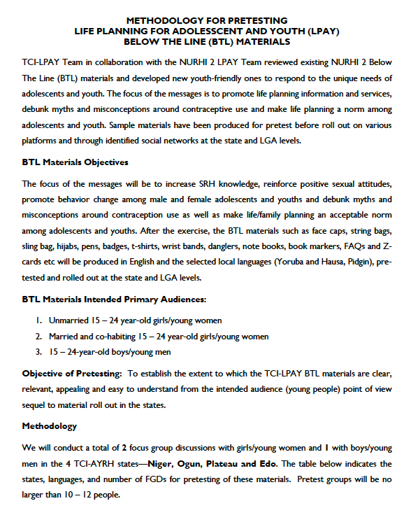 Methodology for Pretesting LPAY Below The Line (BTL) Materials