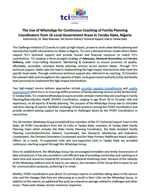 The Use of WhatsApp for Continuous Coaching of Family Planning Coordinators in Taraba State, Nigeria
