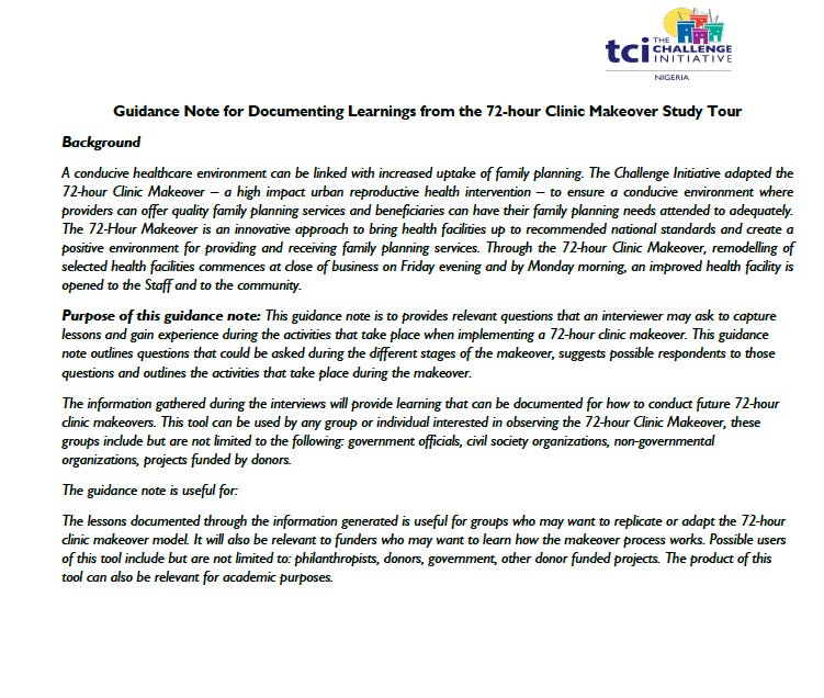 Guidance Note for Documenting Learnings from the 72-hour Clinic Makeover Study Tour