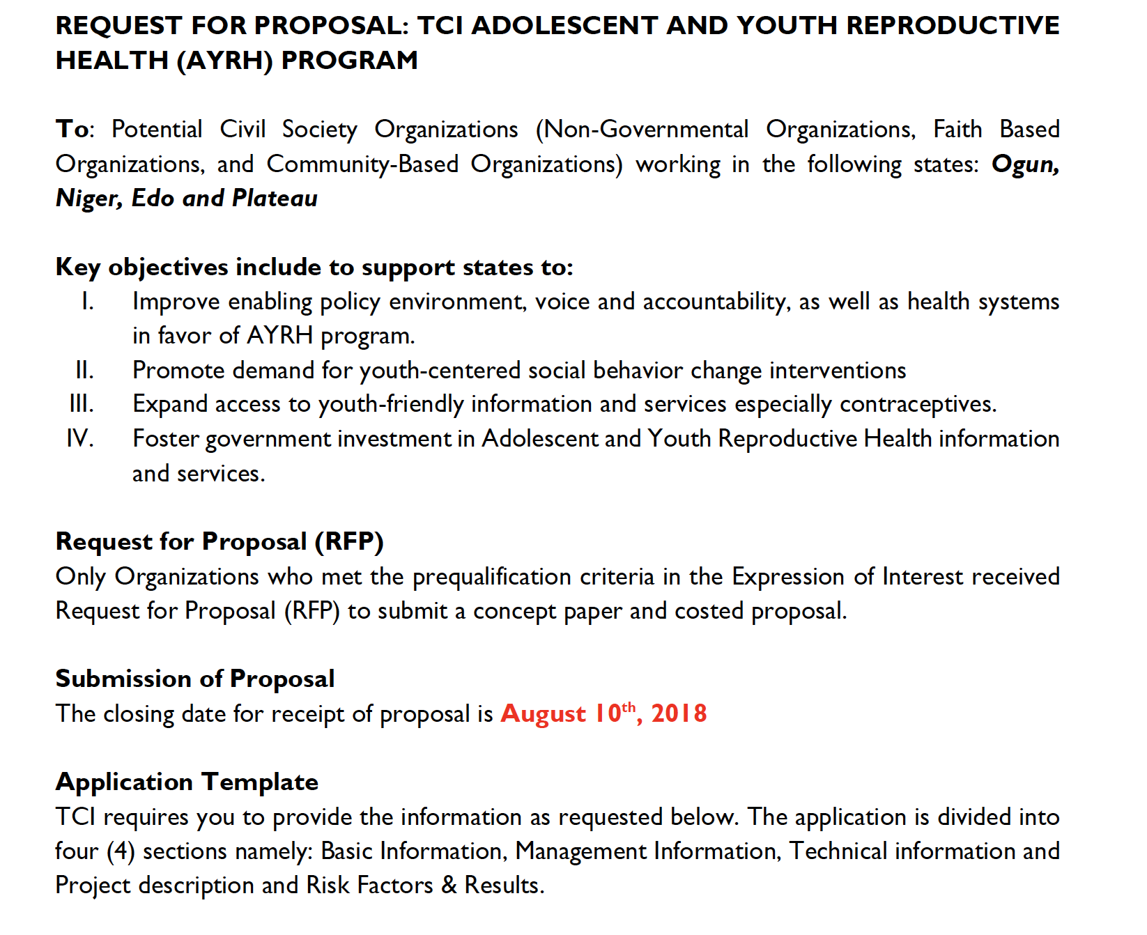 Request for Proposal: TCI Adolescent and Youth Reproductive Health (AYRH) Program