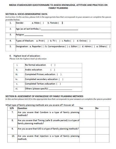 Media Stakeholder Questionnaire to Assess Knowledge, Attitude and Practices on Family Planning