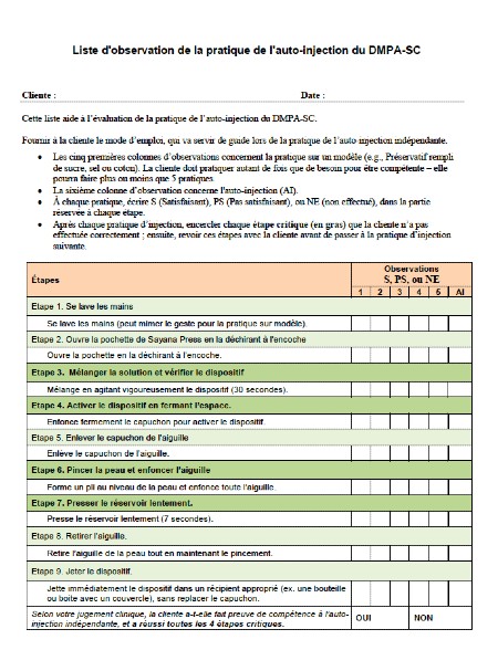 Liste d’observation de la pratique de l’auto-injection du DMPA-SC