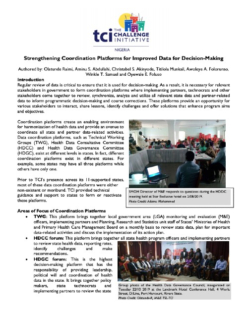 Strengthening Coordination Platforms for Improved Data for Decision-Making