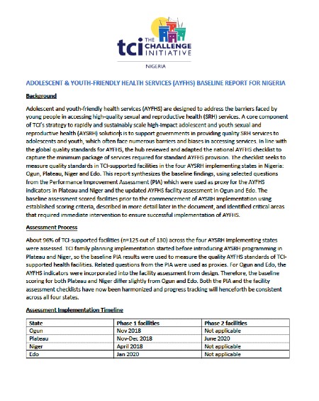 Rapport de base sur les services de santé adaptés aux adolescents et aux jeunes (AYFHS) au Nigeria