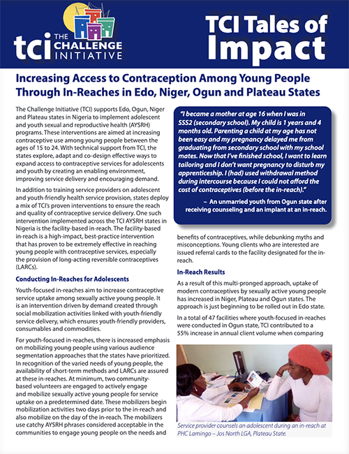 Increasing Access to Contraception Among Young People Through In-Reaches in Edo, Niger, Ogun and Plateau States