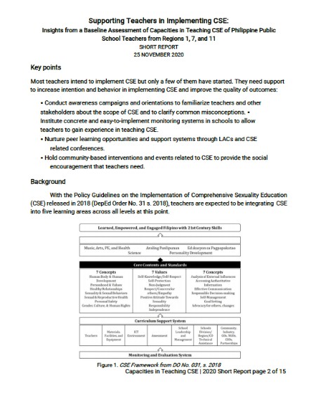 Baseline Assessment of Capacities in Teaching CSE of Philippines Public School Teachers from Regions 1, 7 and 11