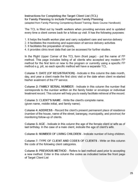 Instructions for Completing the Target Client List (TCL) for Family Planning to include Postpartum Family Planning