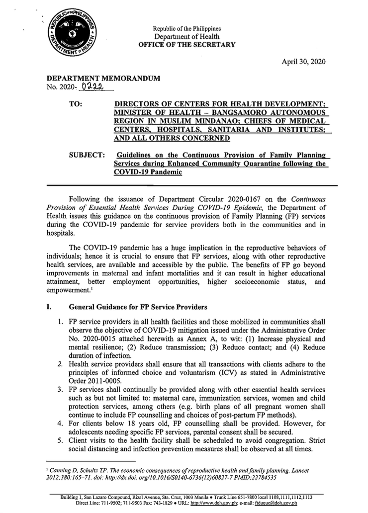 Guidelines on the Continuous Provision of Family Planning Services during Enhanced Community Quarantine following the COVID-19 Pandemic