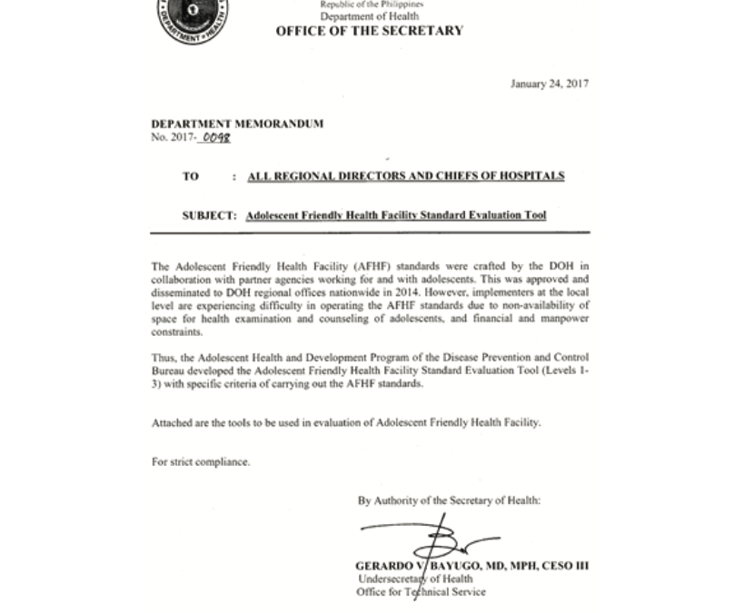 DOH Department Memorandum on Adolescent Friendly Health Facility Standard Evaluation