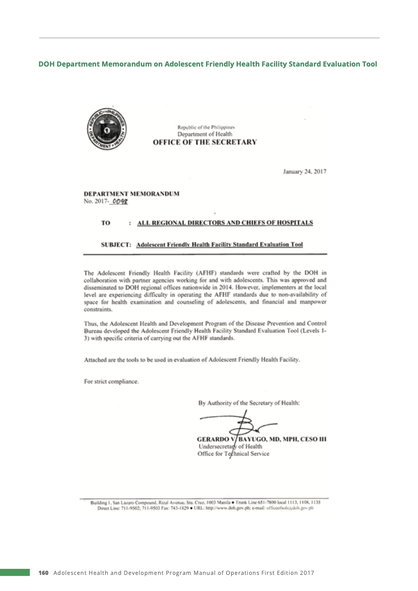 DOH Department Memorandum on Adolescent Friendly Health Facility Standard Evaluation