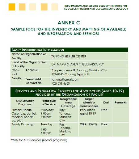 Sample Tool for the Inventory and Mapping of Available AHD Information and Services