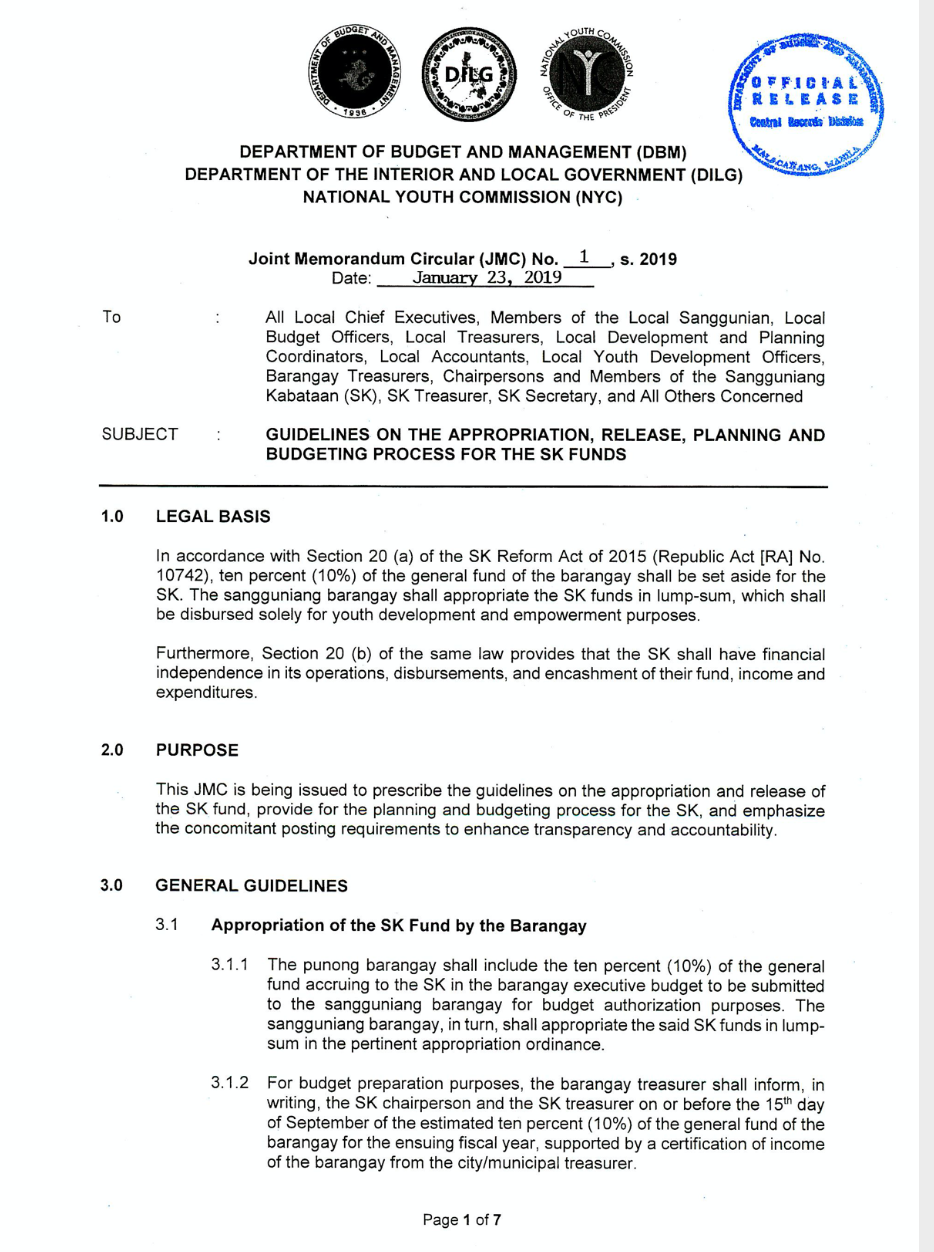 Guidelines on the Appropriation, Release, Planning and Budgeting Process for the SK Funds