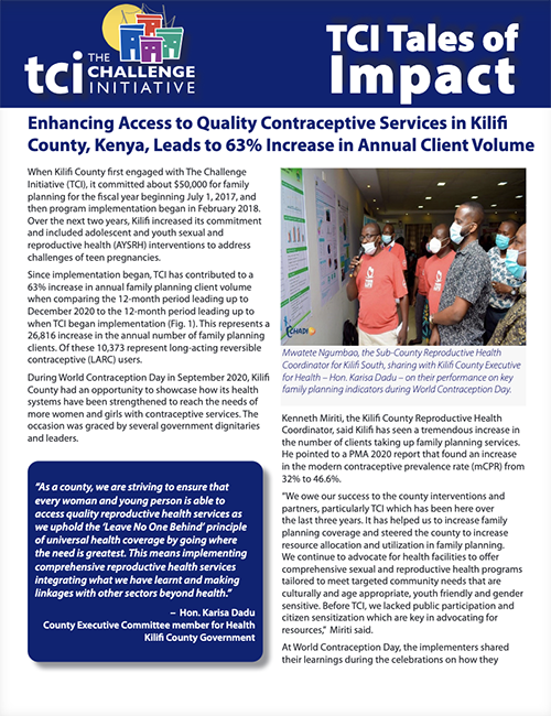 Enhancing Access to Quality Contraceptive Services in Kilifi County, Kenya, Leads to 63% Increase in Annual Client Volume