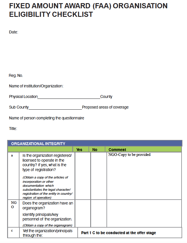 Fixed Amount Award (FAA) Organization Eligibility Checklist