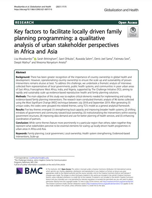 Facteurs clés pour faciliter la programmation de la planification familiale au niveau local : Une analyse qualitative des perspectives des parties prenantes urbaines en Afrique et en Asie