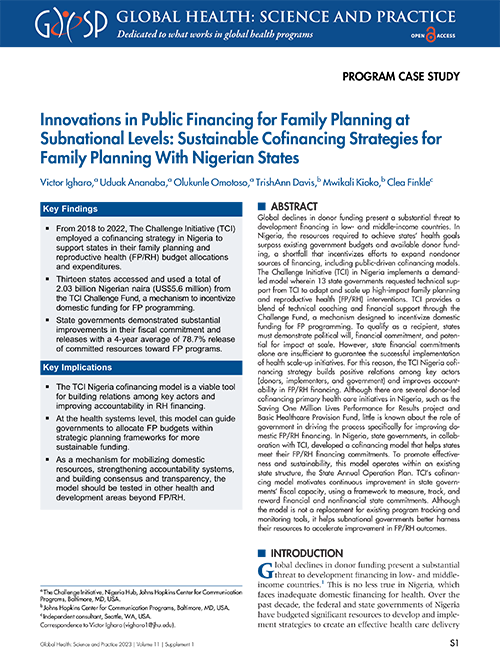 Innovations in Public Financing for Family Planning at Subnational Levels: Sustainable Cofinancing Strategies for Family Planning With Nigerian States