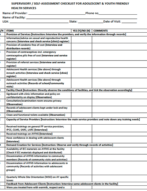 Supervisory Self-Assessment Checklist for Adolescent and Youth-Friendly Health Services