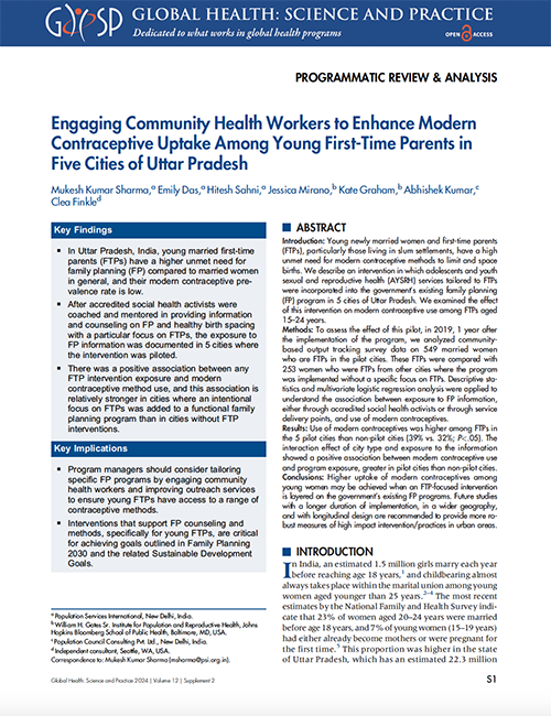Engaging Community Health Workers to Enhance Modern Contraceptive Uptake Among Young First-Time Parents in Five Cities of Uttar Pradesh