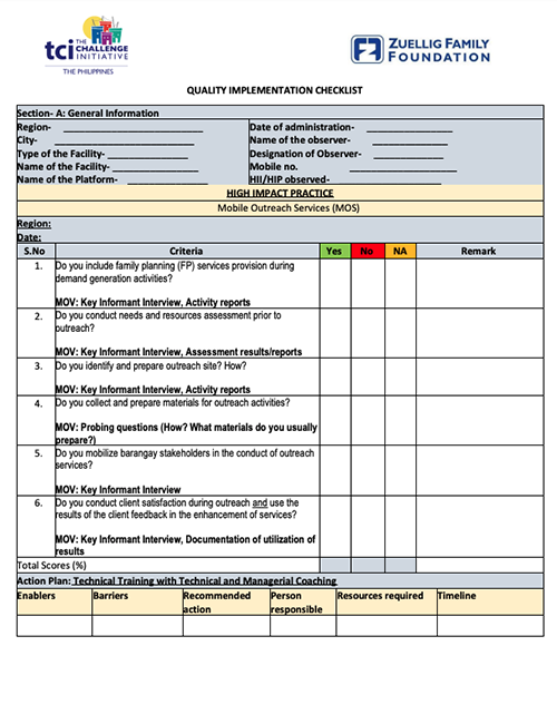 Quality Implementation Checklist for Mobile Outreach Services