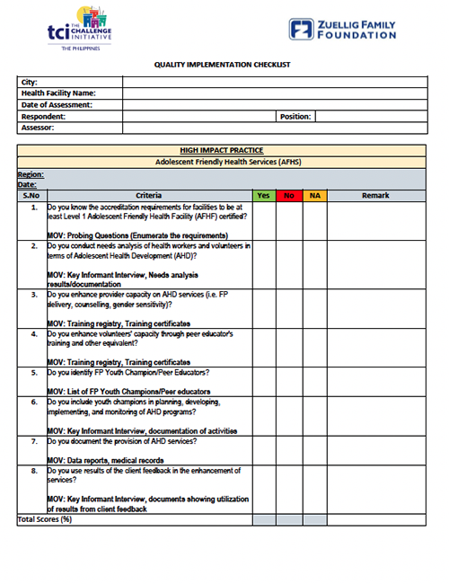 QI Checklist for AFHS
