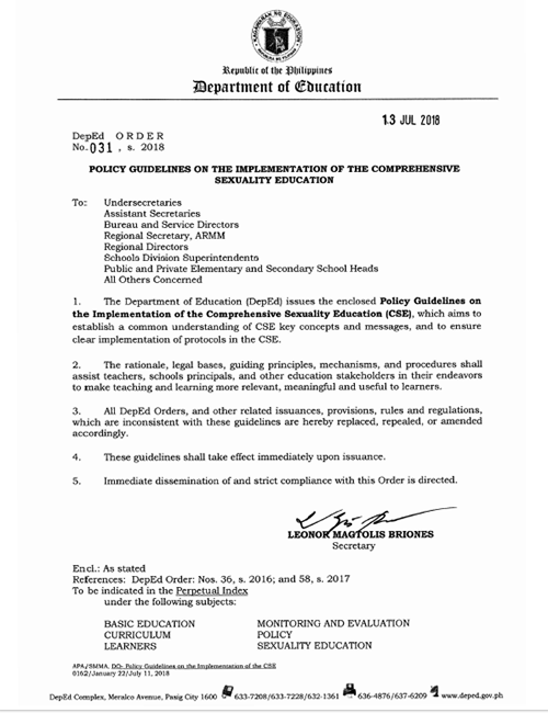 Policy Guidelines on the Implementation of the Comprehensive Sexuality Education