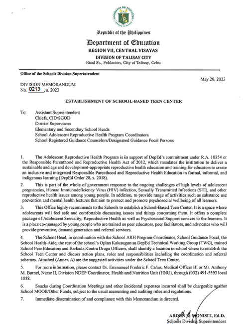 Dept. of Education: Establishment of School-based Teen Center