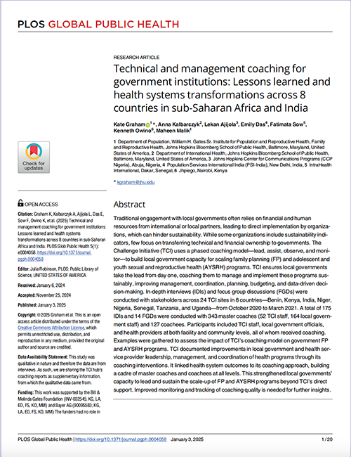 Technical and management coaching for government institutions: Lessons learned and health systems transformations across 8 countries in sub-Saharan Africa and India