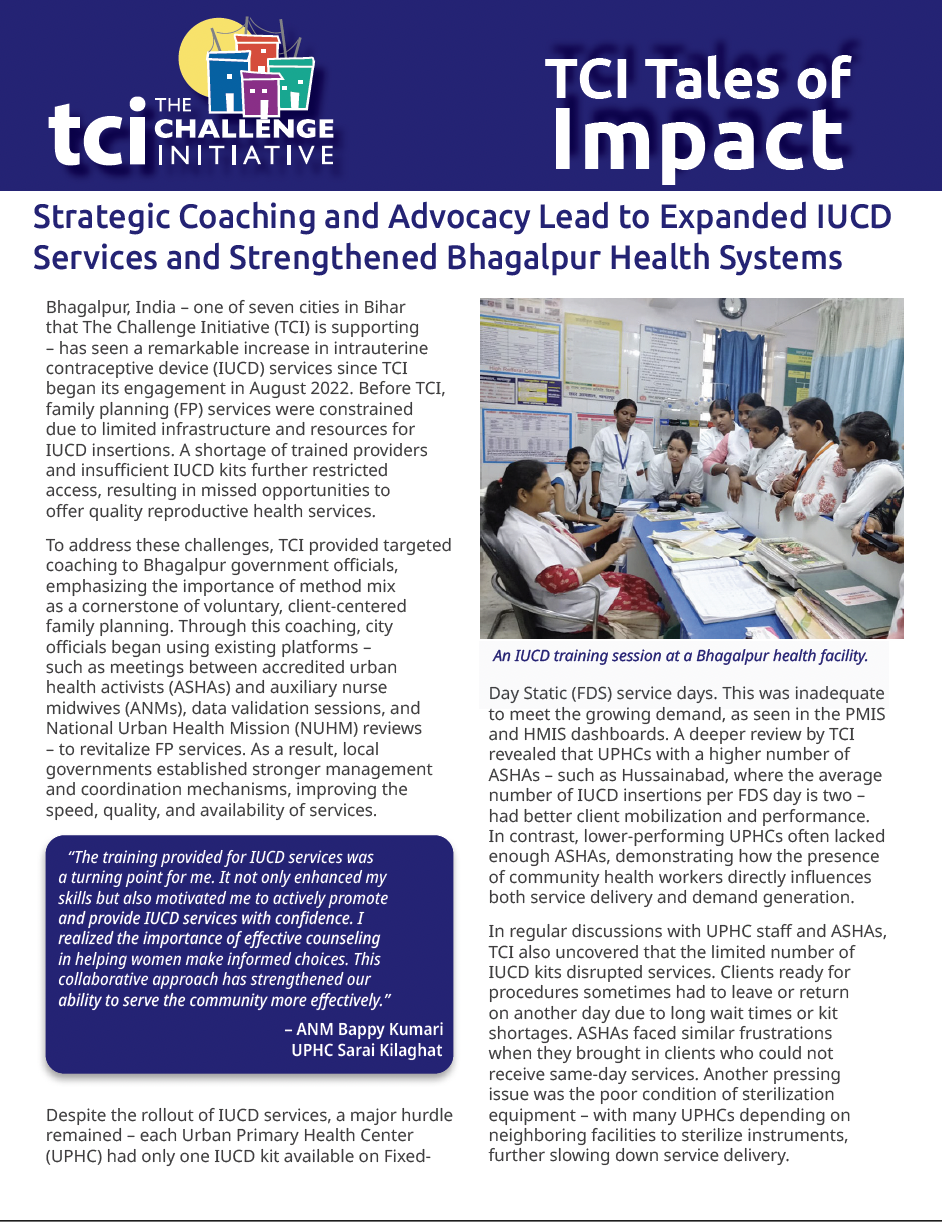 Strategic Coaching and Advocacy Lead to Expanded IUCD Services and Strengthened Bhagalpur Health Systems