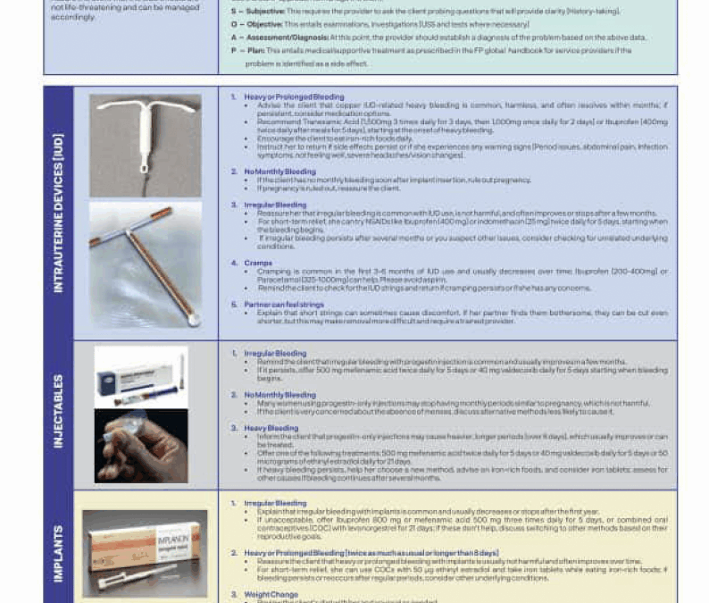 Family Planning Side Effect Management Chart for Service Providers