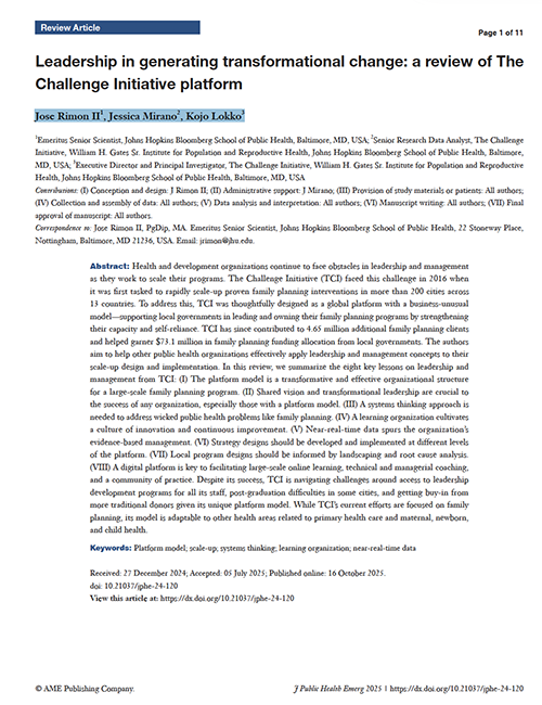 Leadership in Action: Journal of Public Health and Emergency Publishes Review of The Challenge Initiative’s Platform Model